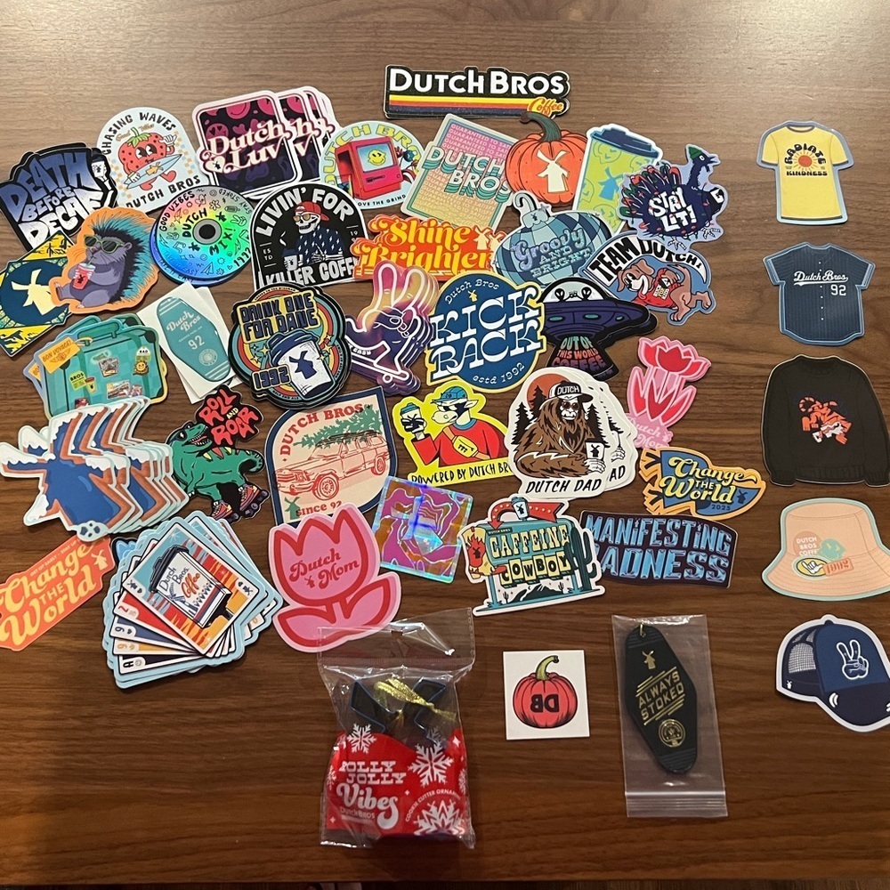 Dutch Bros Stickers - Lot of 75 From Years Of Collecting + Ornament & Keychain